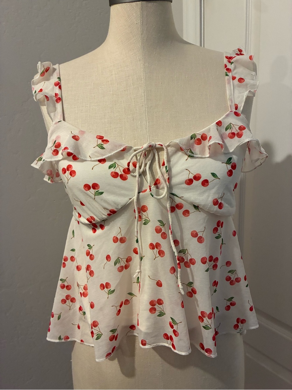 wild fable White Cherry-Print Ruffle Tie-Front Cami